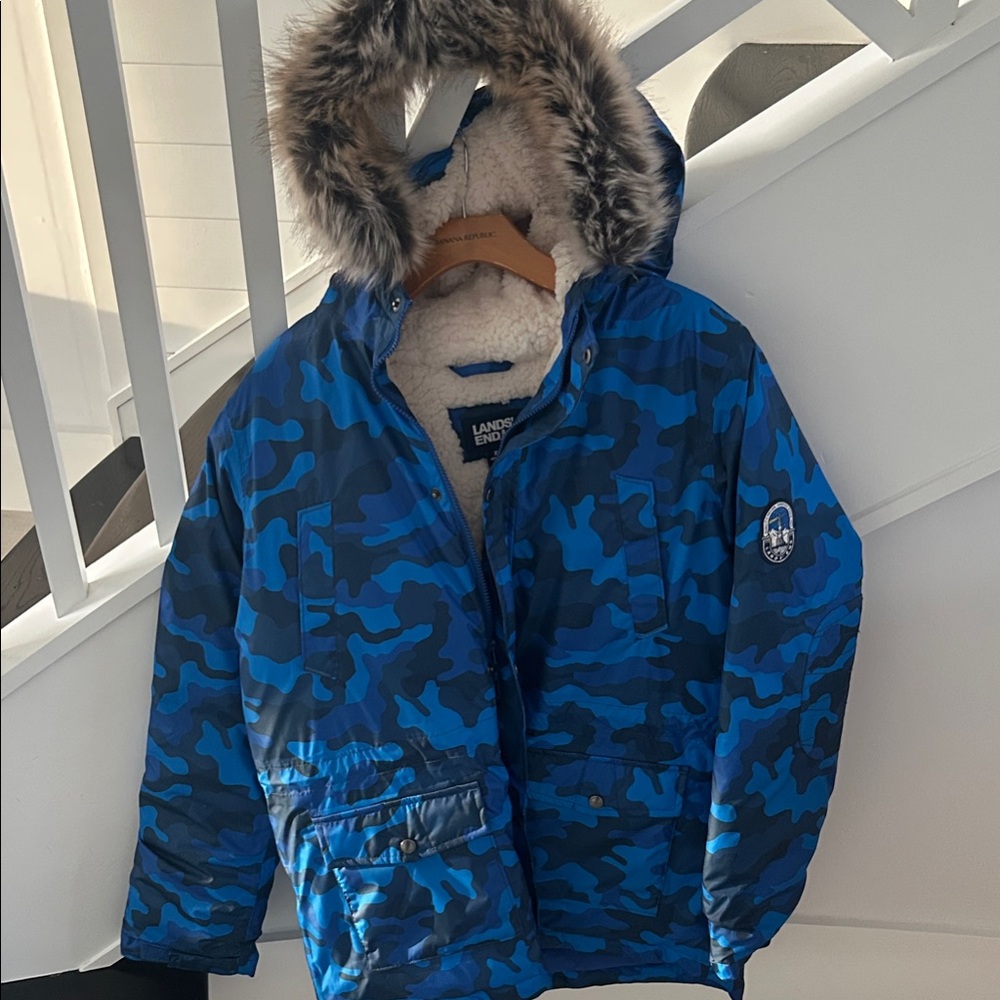 Kids Husky Lands' End Blue Camouflage Jacket with removable Fur Hood